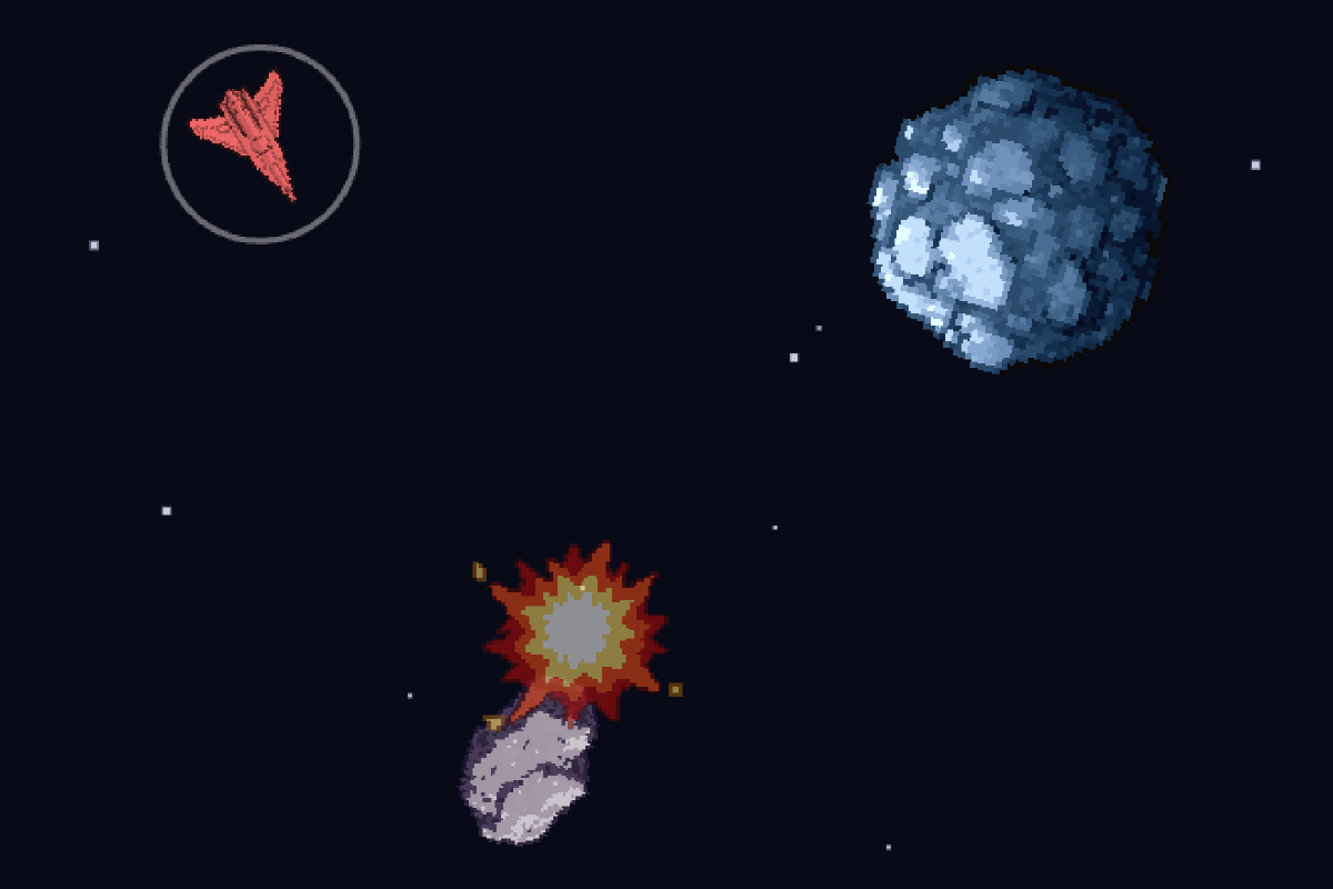 A ship drifting past an asteroid in Space Hunt as another rock takes a hit